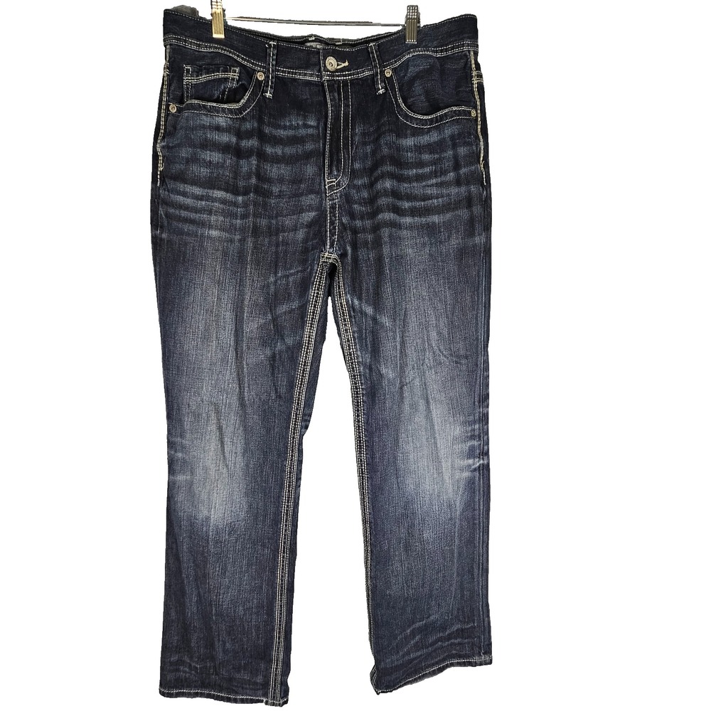 BKE Seth Mens Straight Leg Jeans 36R Blue Dark Wash Denim 100% Cotton Whiskers